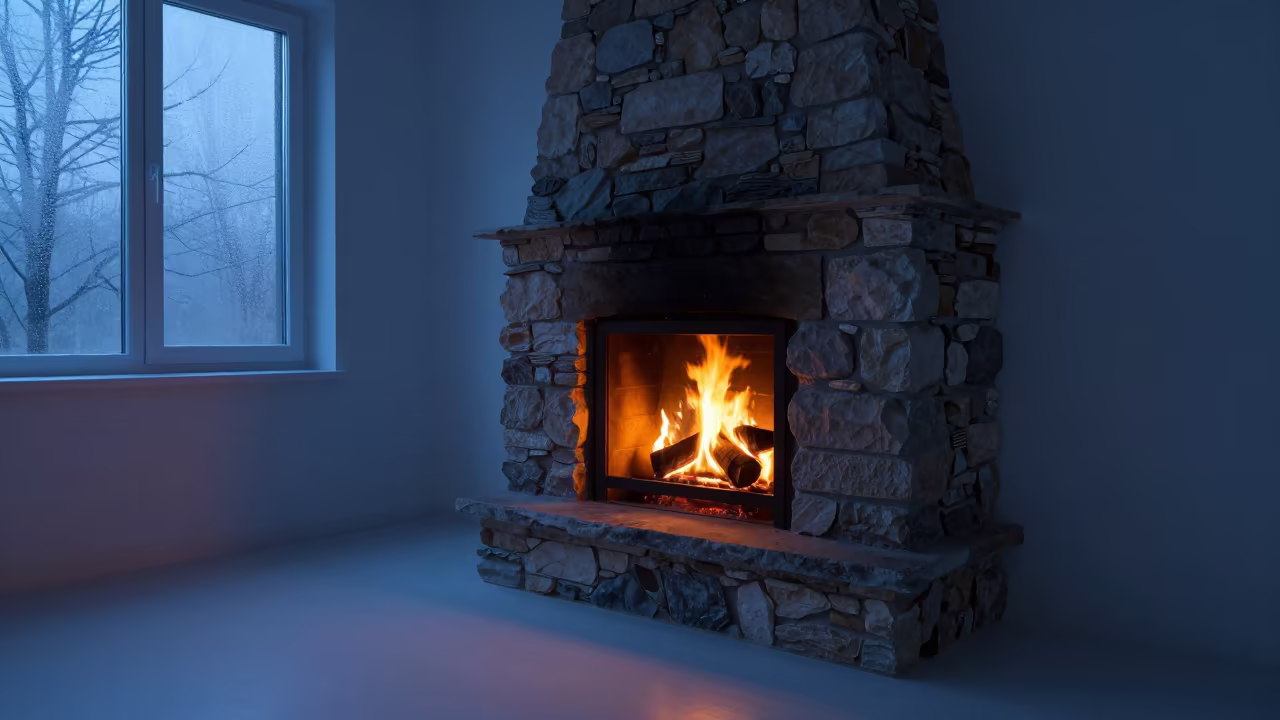 Winter Dusk Fireplace Glow Hamburg Living Room in in a sunlit living room in Hamburg
