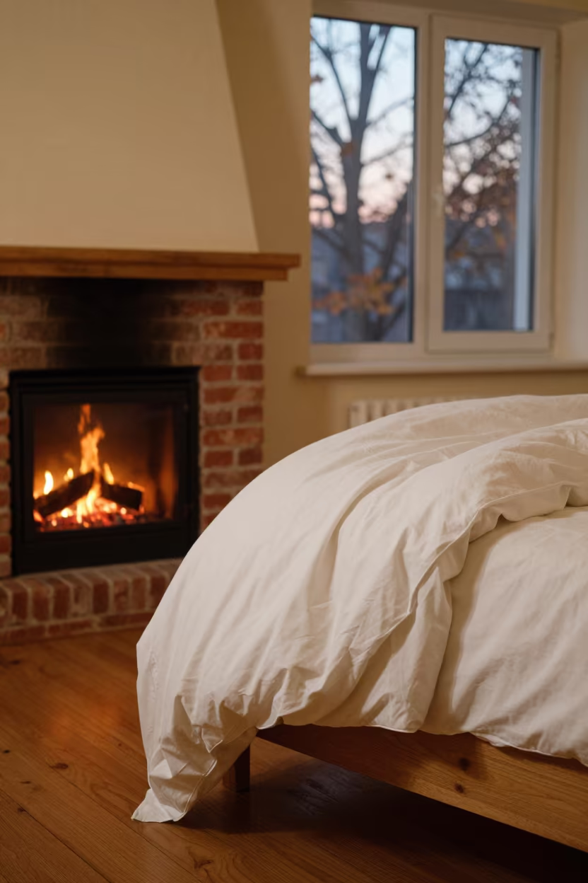 Winter Duvet Corner by Fireplace in Qingdao in by a crackling fireplace in Qingdao