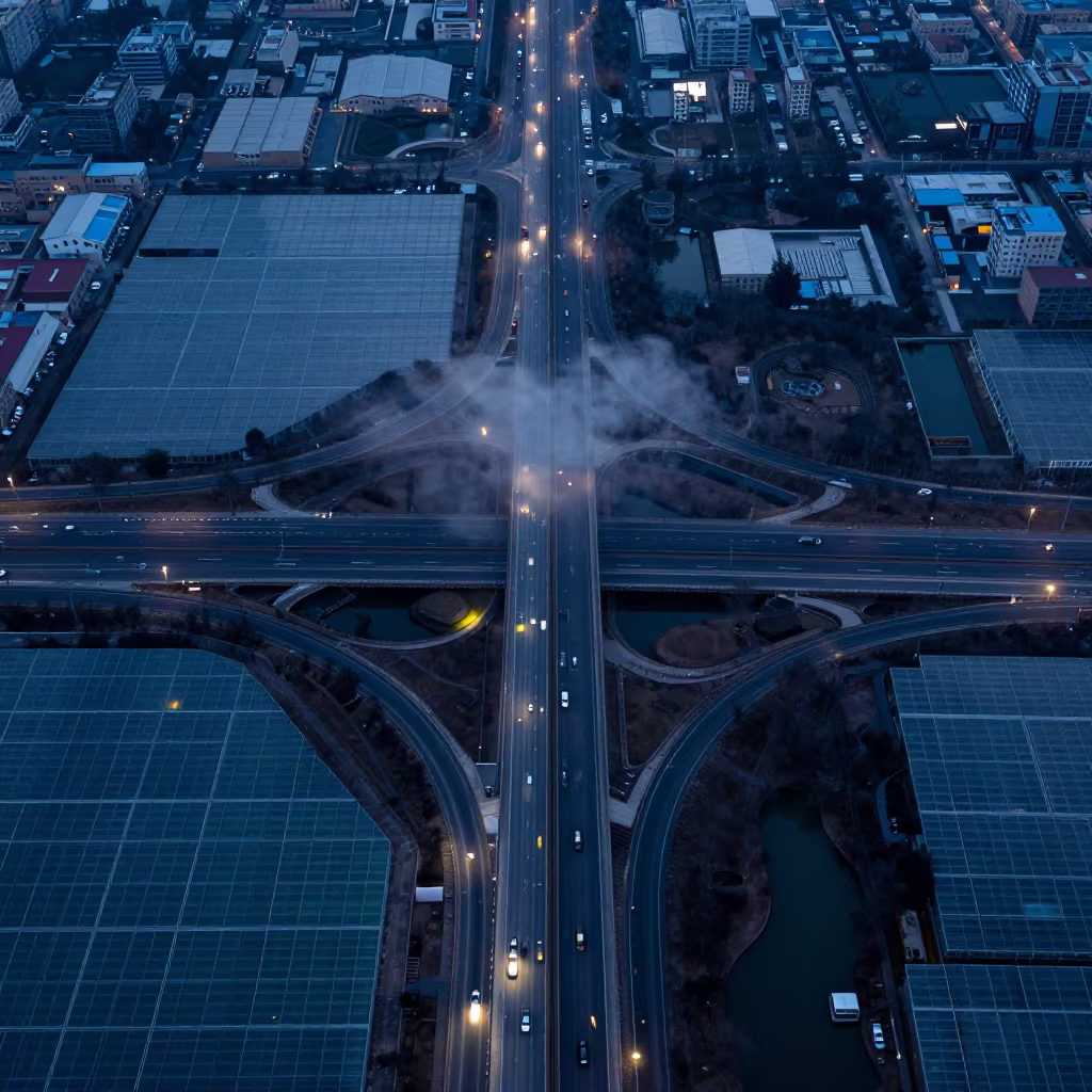Winter Evening Aerial View of Cloverleaf Highway in high over greenhouse grids near Isfahan