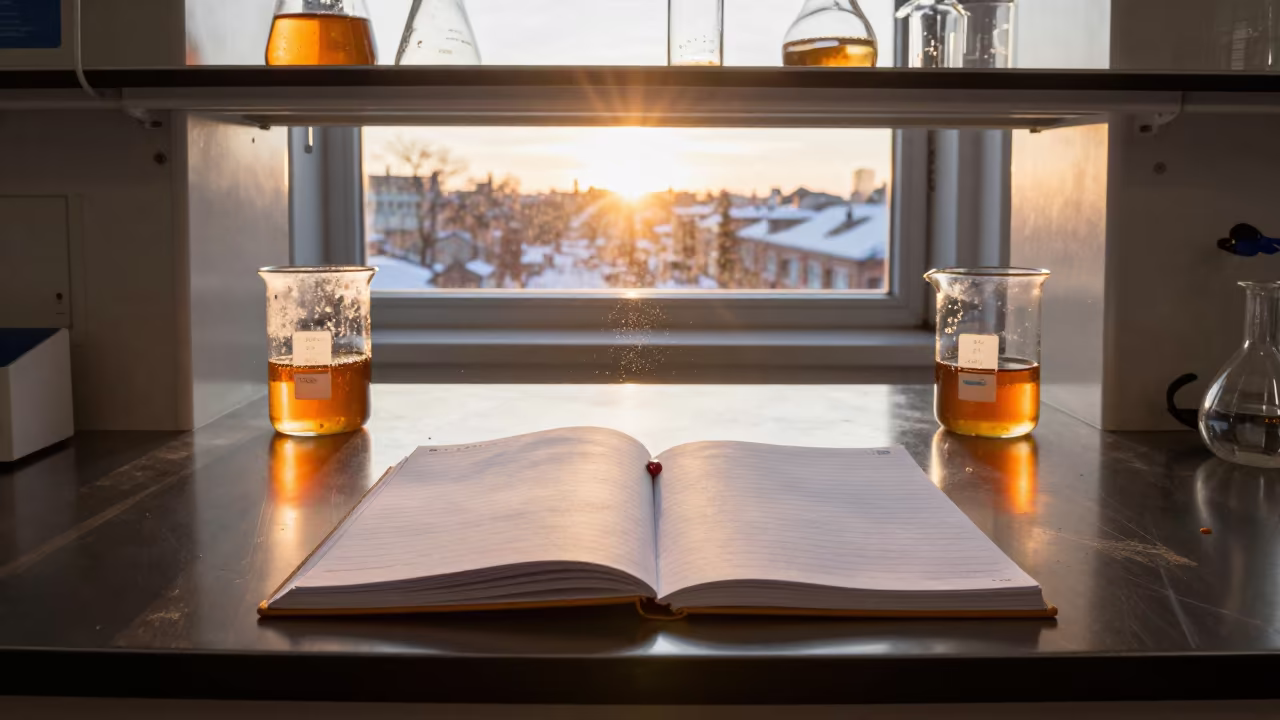 Winter Evening Lab Notebook and Beakers in Montreal in inside a clean room in Hochelaga, Montreal