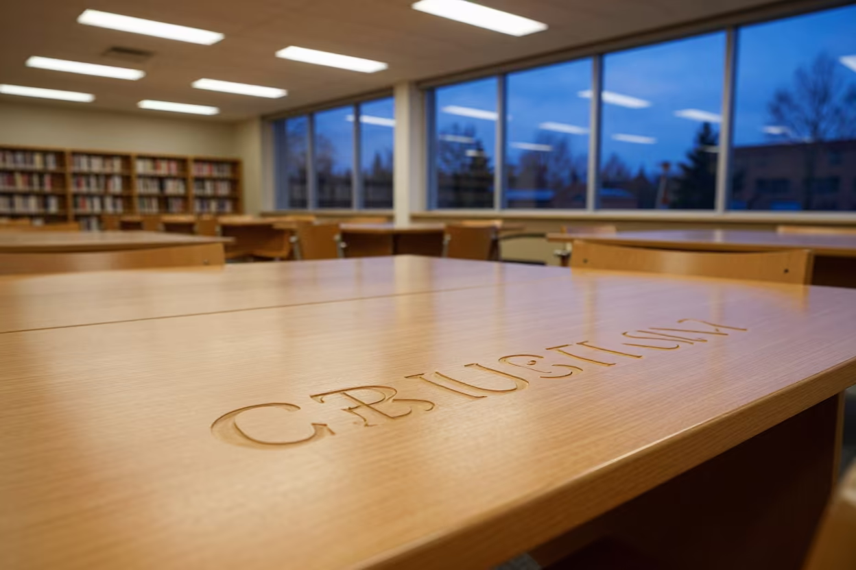Winter Evening Library Desk with Carved Initials in inside a campus library reading room near Oshawa