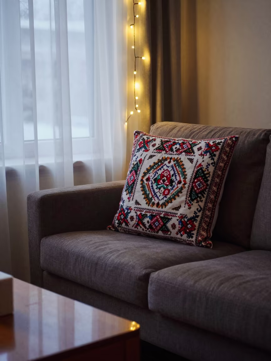 Winter Evening Portrait of a Russian Tsvetnaya Bolonka on Sofa in on a sofa near a curtained window with calm indoor light in Guilin
