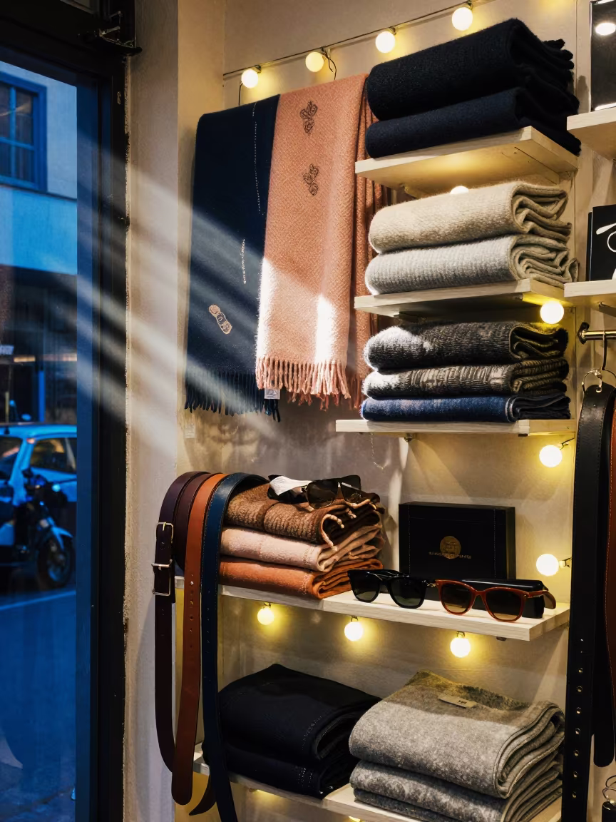 Winter Evening Scarf Display in Ludhiana Store in inside a storefront prepared for opening in Ludhiana