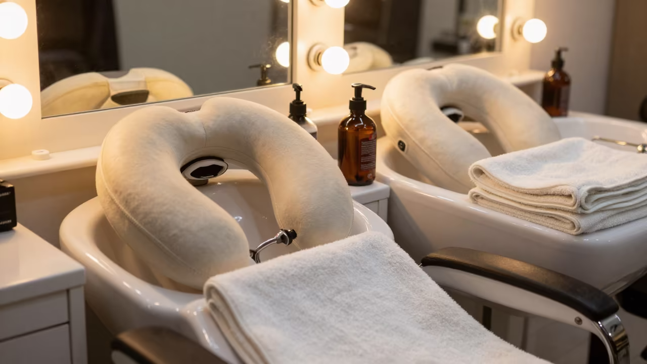 Winter Evening Shampoo Lounge with Towels and Serums in at a barber station beneath mirror bulbs in Shah Faisal Town