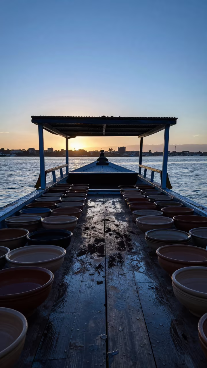 Winter Evening Silhouette of Ceramic Bowls on Alexandria Boat Market in at a floating market boat in Alexandria