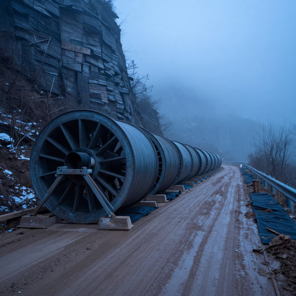 Winter evening traffic signal reel at Zhangjiajie construction site in at a muddy site access road near Zhangjiajie