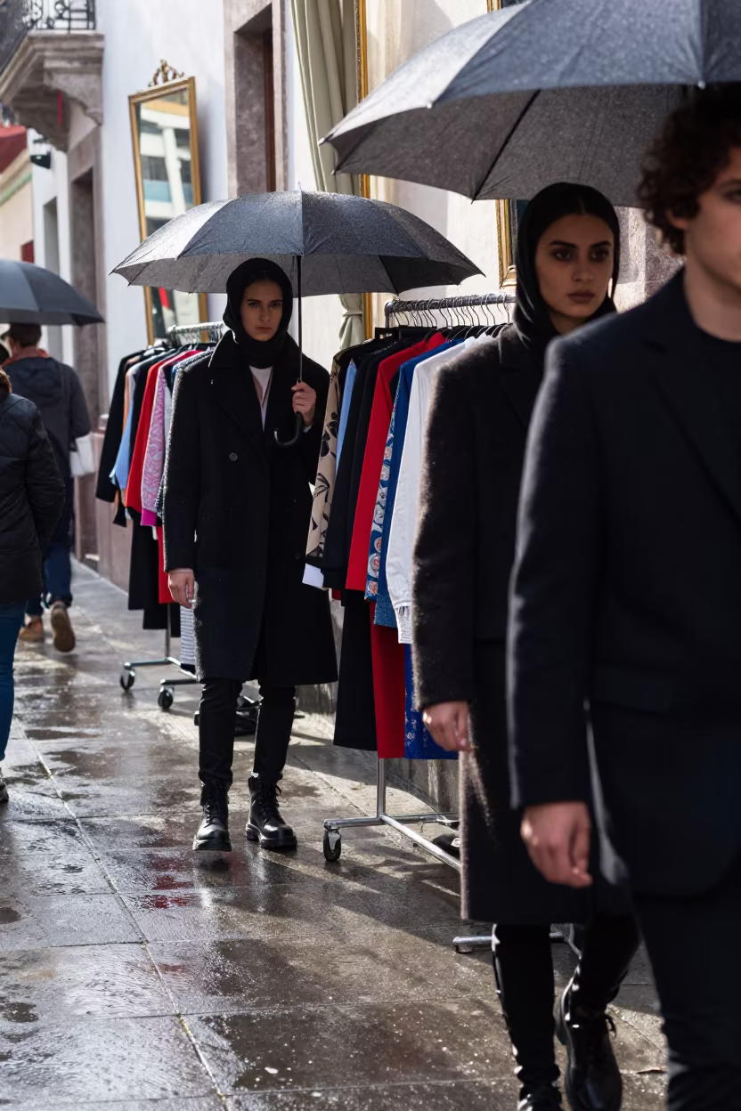 Winter Fashion Week Sidewalk with Umbrellas in on a rain-darkened city sidewalk in Monterrey