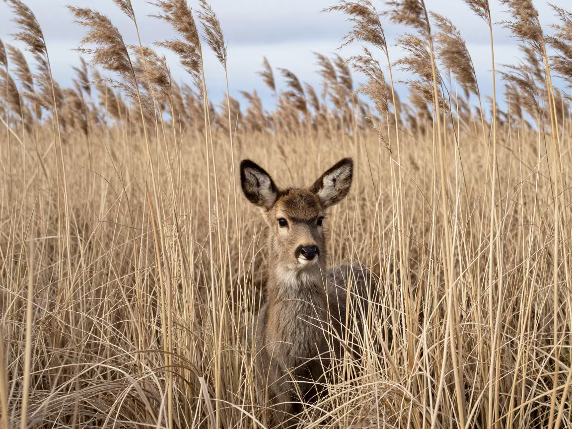 Winter Fawn Hiding in Mongolian Reed Grass in at the edge of a reed bed in Mongolia