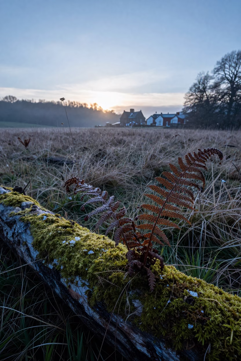 Winter Fern Frond Mossy Log Dawn Light in in a bloom-heavy meadow near Hamad Town