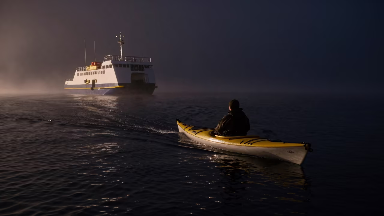 Winter Ferry Crossing Kayak Under Night Sky in across a remote ferry crossing in Wales