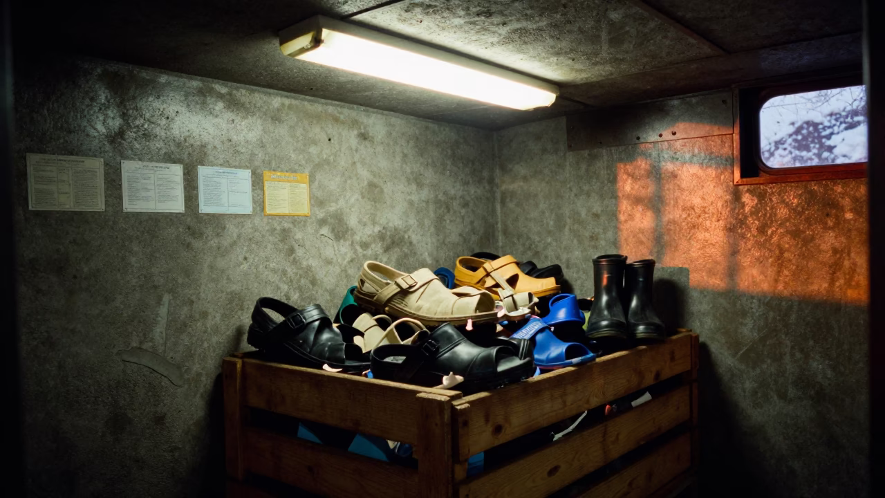 Winter Field Shower Sandal Crate in Hokkaido Bunker in inside a bunker stairwell in Hokkaido