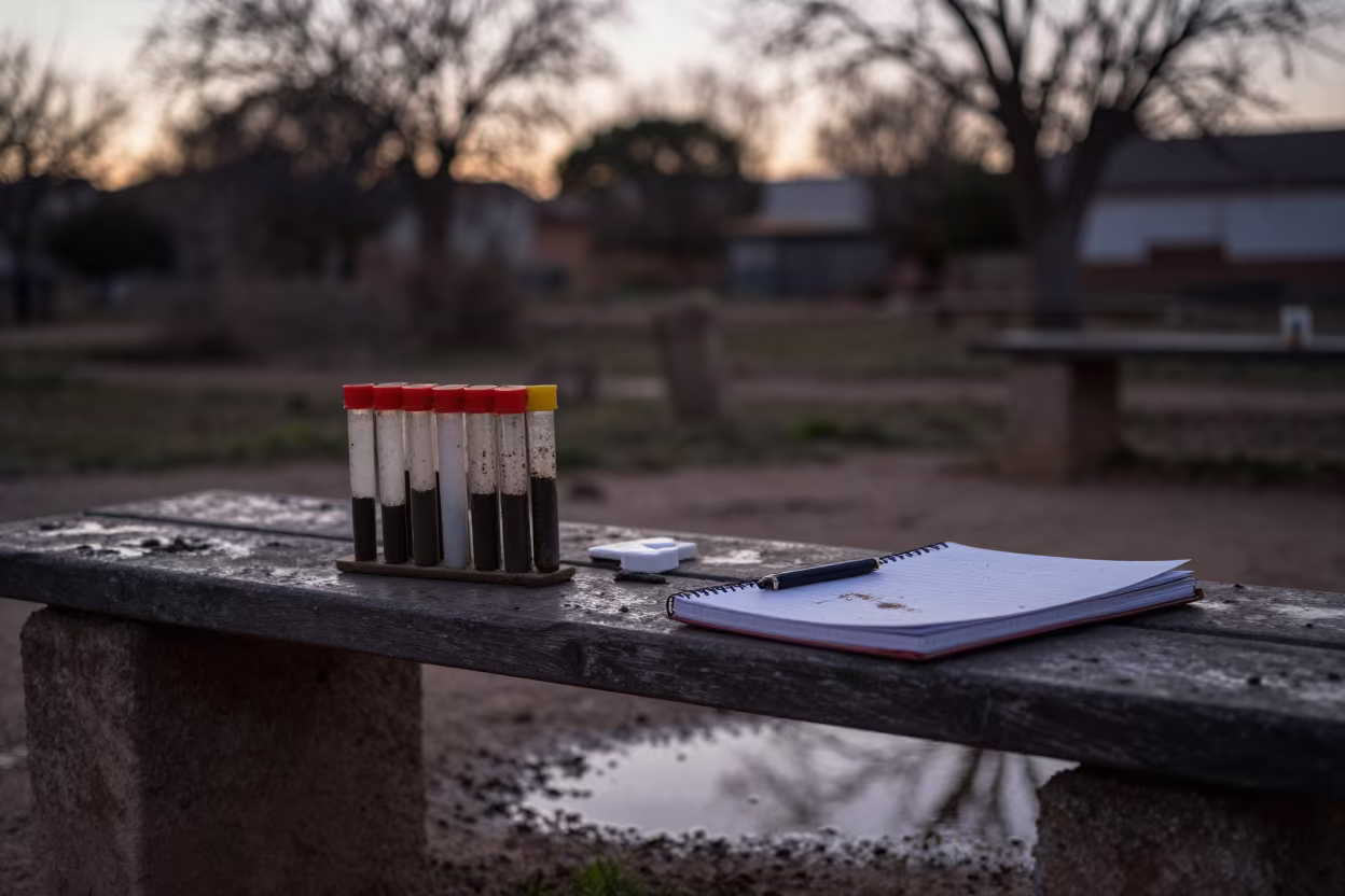 Winter Field Station Bench with Sediment Tubes in at a remote field station in Andalusia