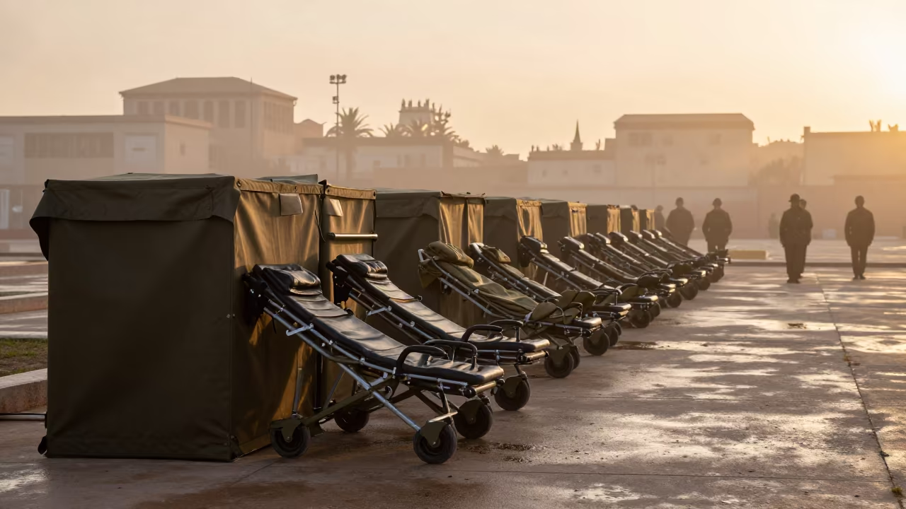 Winter Field Stretcher Storage Bay Larache Evening Mist in on a parade ground near Larache