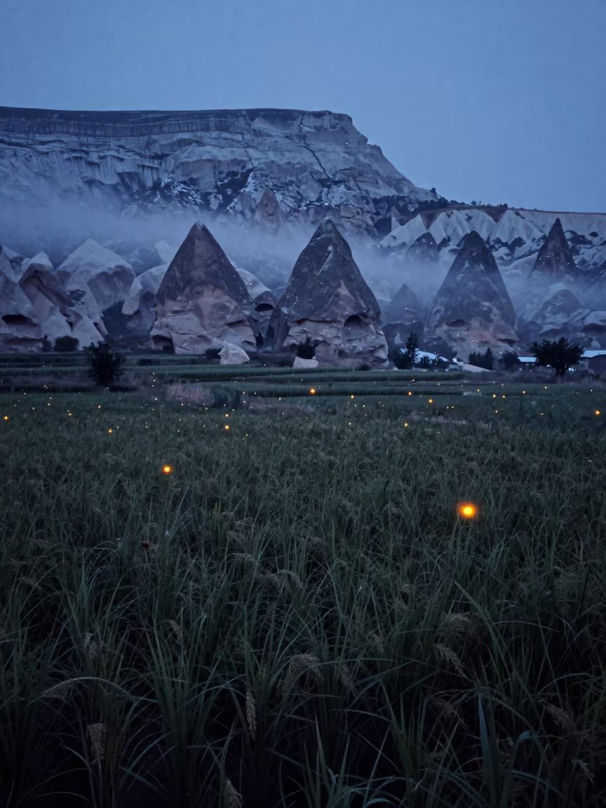 Winter Fireflies Over Cappadocia Rice Fields in from a frost-hushed ridgeline in Cappadocia