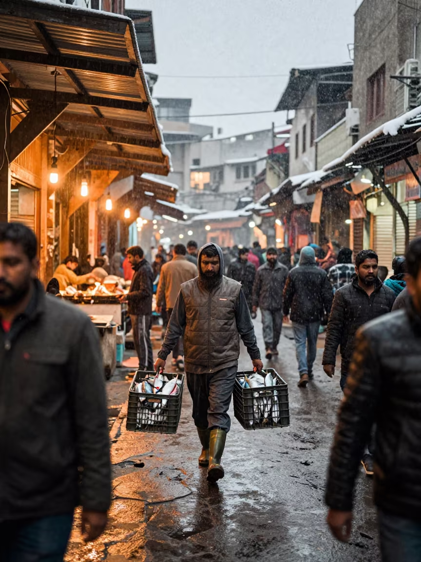 Winter Firelight Porter Carrying Mackerel Crate in in a covered bazaar aisle in Lahore