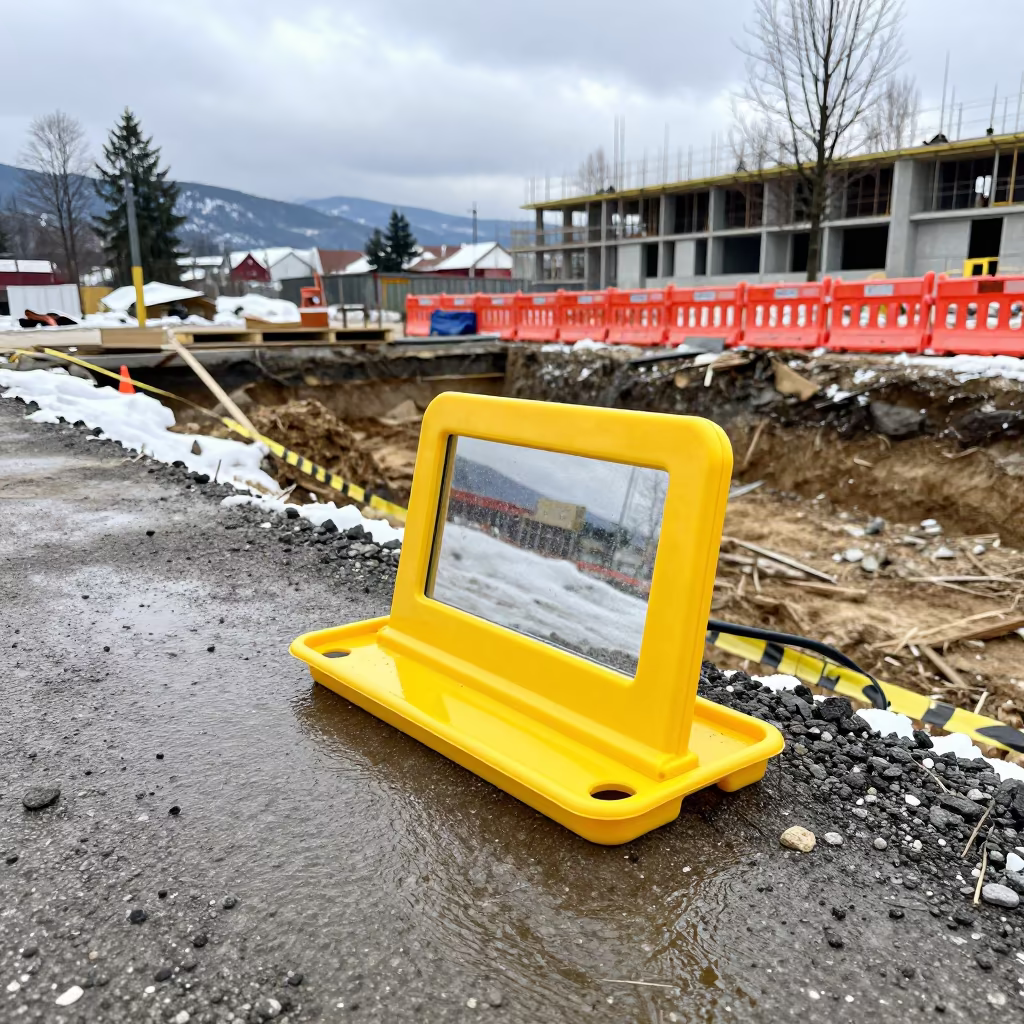 Winter Firestop Inspection Tray at Slovak Construction Site in inside a taped-off excavation edge in Slovakia
