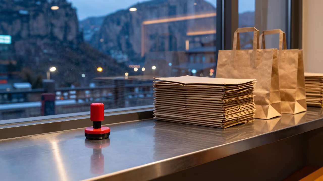 Winter Fishing Stamp Pad at Zhangjiajie Counter in at a cash wrap counter with bags stacked nearby in Zhangjiajie