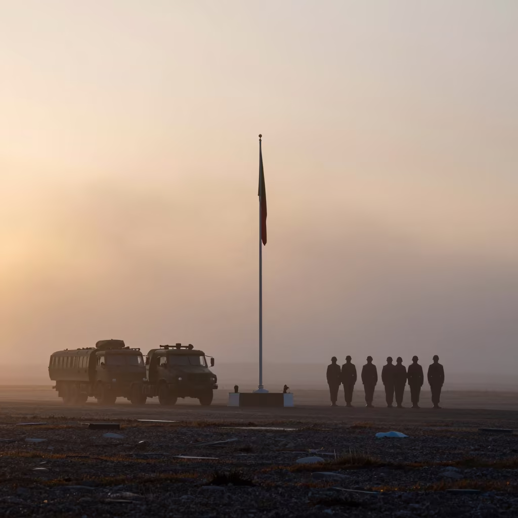 Winter Flag Ceremony Yellowknife Midnight Sun in beside a convoy halt on open ground near Yellowknife