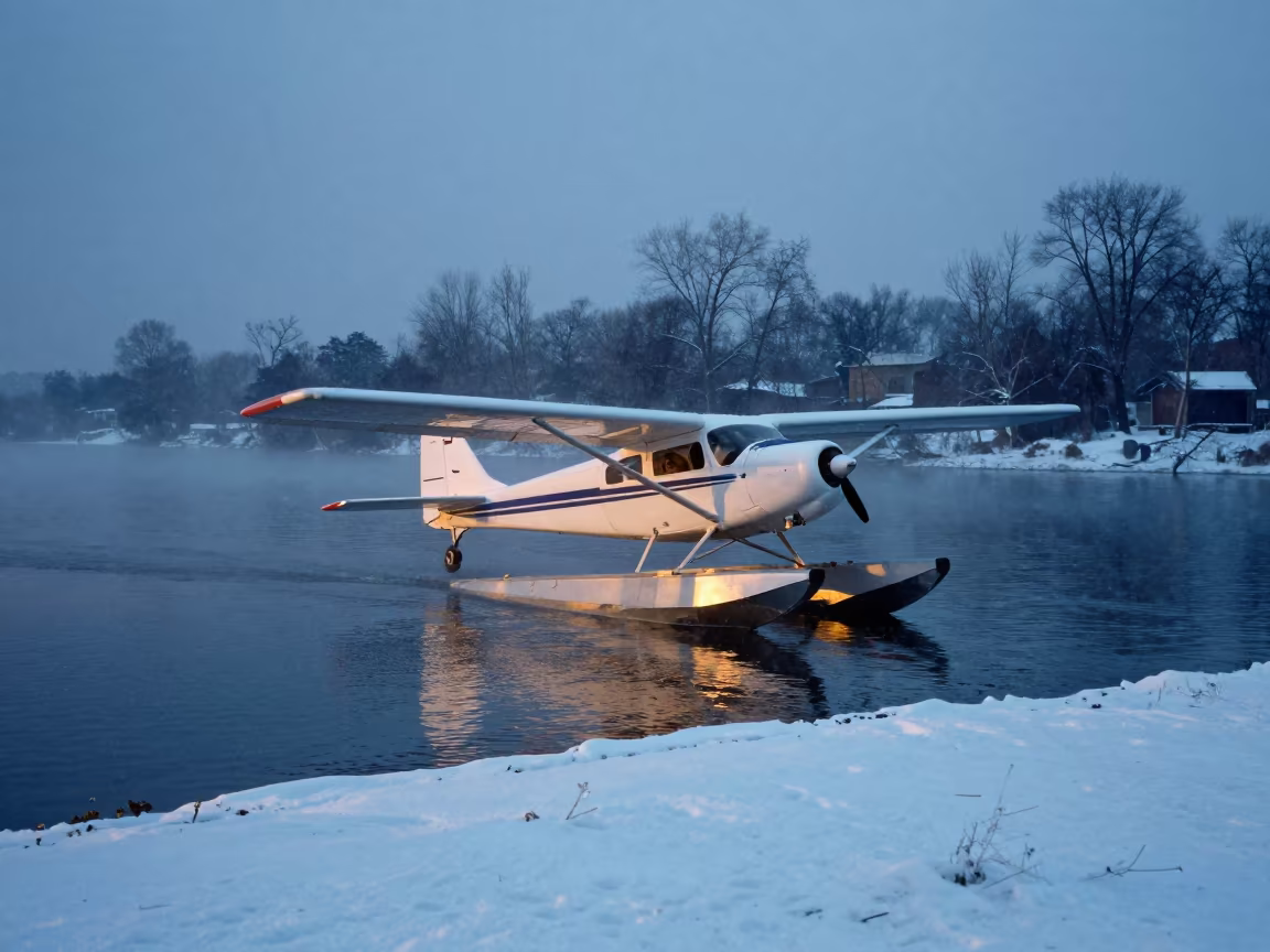 Winter Floatplane Takes Off at Twilight in near Mansoura