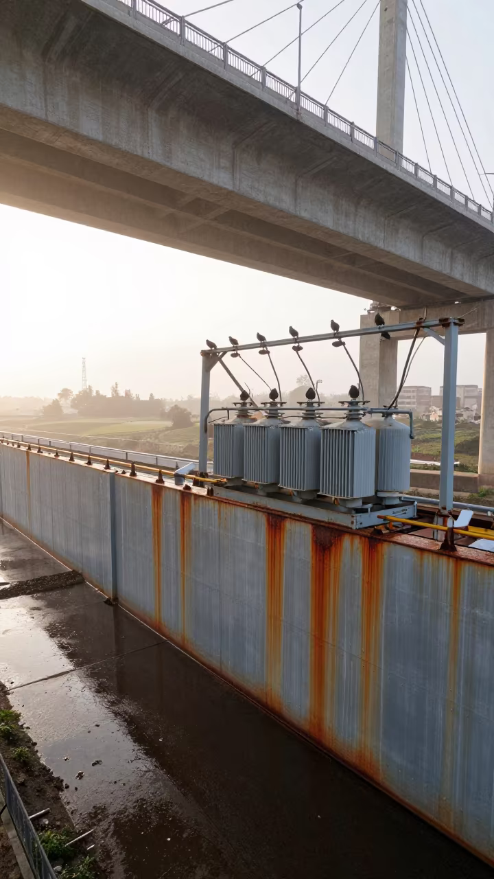 Winter Flood Barrier Under Cable-Stayed Bridge in under a cable-stayed bridge span near Ait Melloul