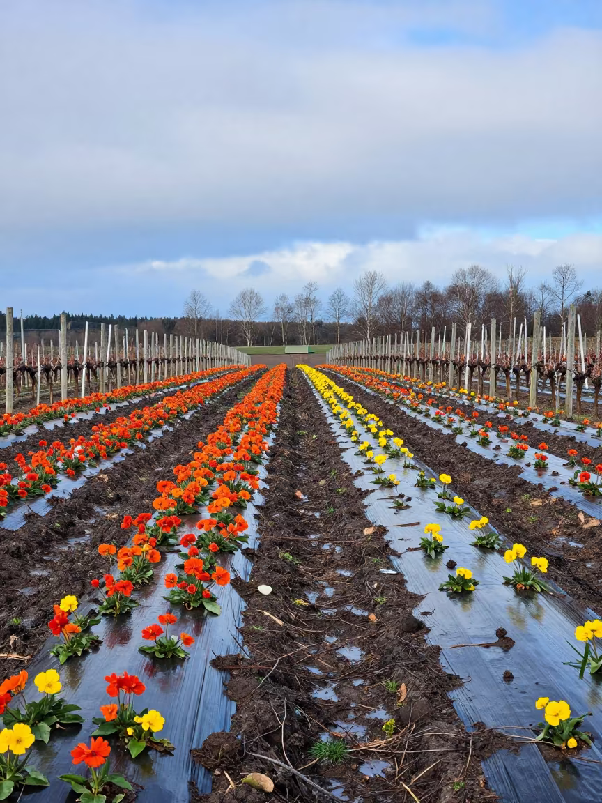 Winter Flower Farms Near Espoo Vineyard in between vineyard trellises near Espoo
