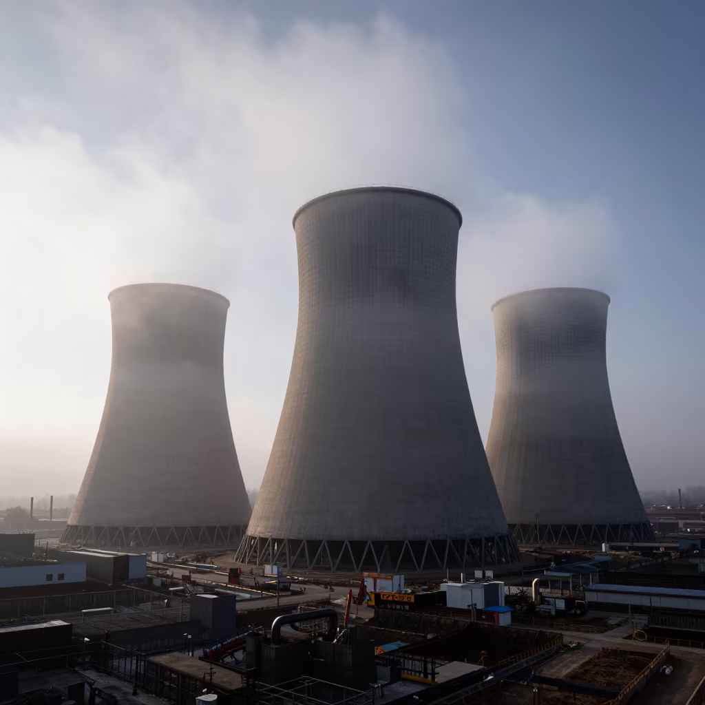 Winter Fog Hides Cooling Tower Murino in across an active works site near Murino