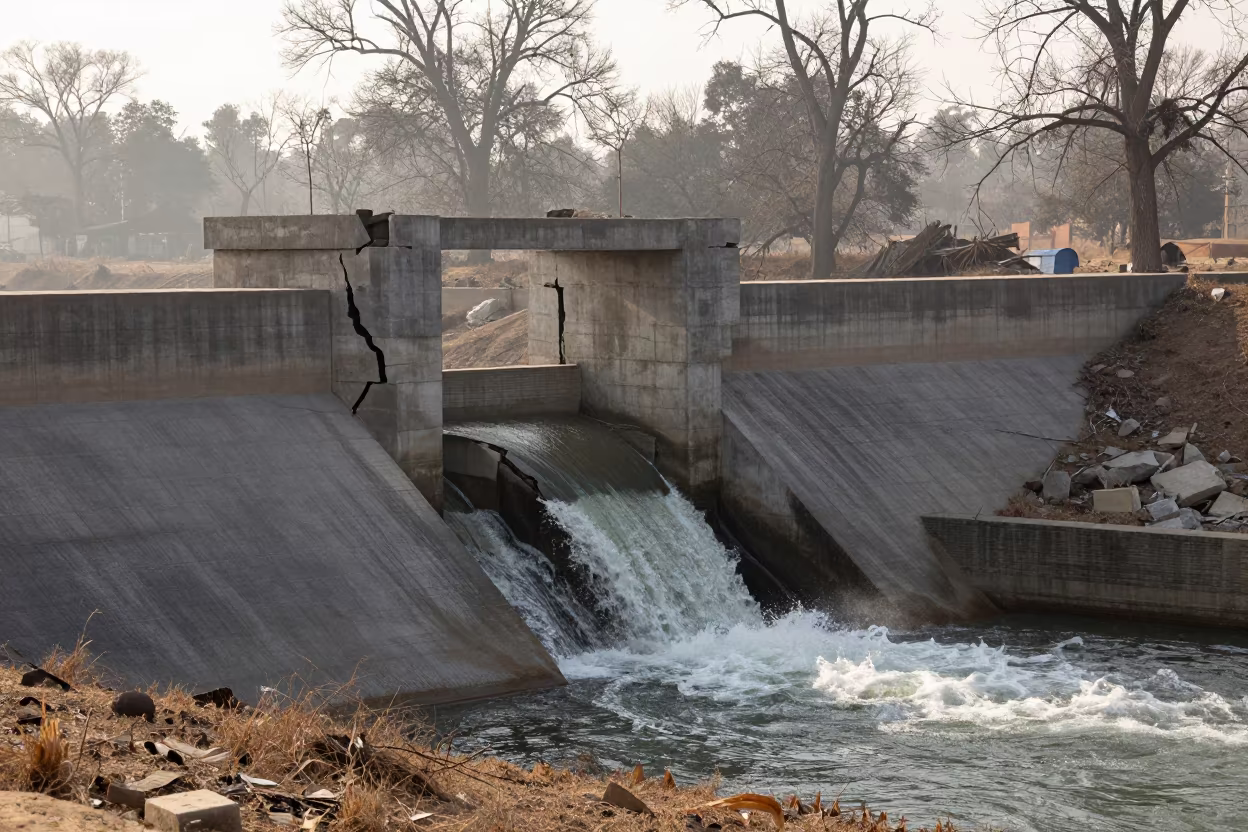 Winter Fog Seeps Cracked Concrete Dam Spillway in above a spillway chute with spray rising in Rajasthan
