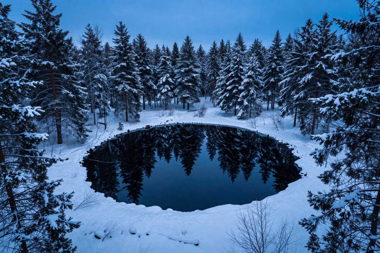 Winter Forest Pond Reflection Drone Stockholm in far above surf-scalloped coastline near Stockholm
