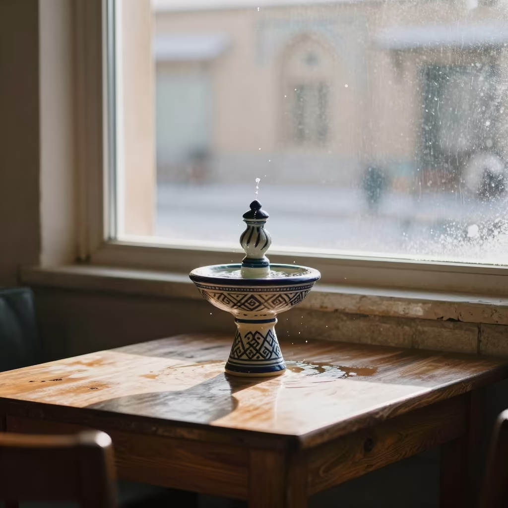 Winter Fountain on Cafe Table in Yazd in on a cafe table by a window near Yazd