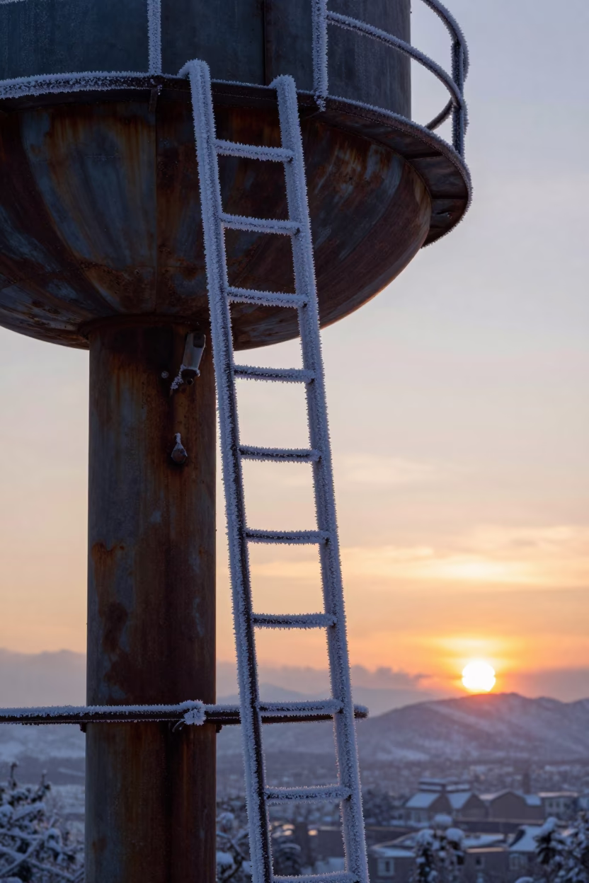 Winter Frost on Water Tower Ladder at Sunset in Sapporo Japan in in Sapporo, Japan