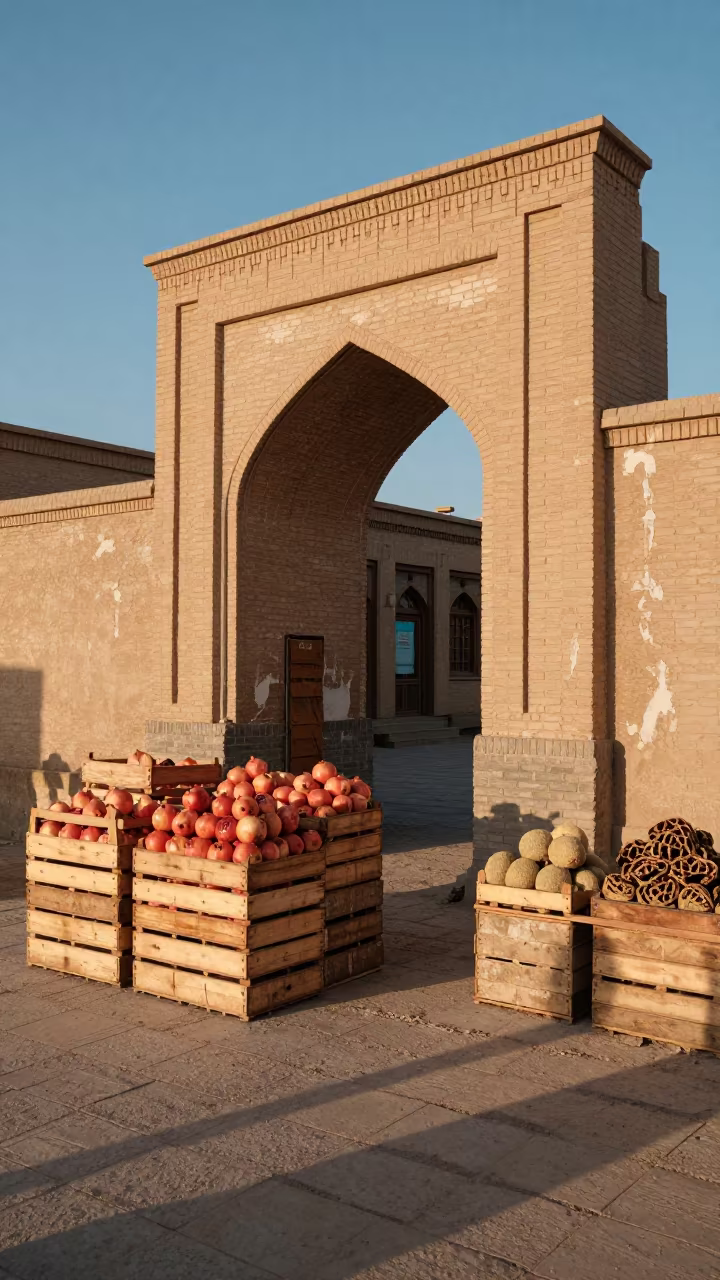 Winter Fruit Stand Under Archway Samarkand in at a roadside fruit stand in Bibi-Khanym, Samarkand