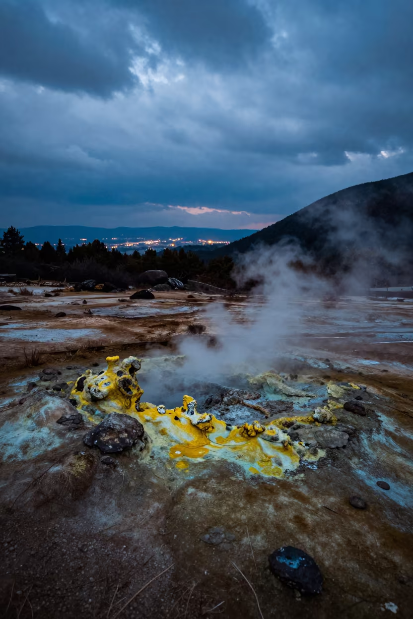 Winter Fumarole Sulfur Deposits Yunnan Twilight in across a wide valley floor in Yunnan