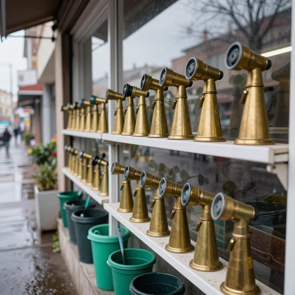 Winter Garden Hose Nozzles on Wet Street in along a storefront glass line on a wet street in Bandırma