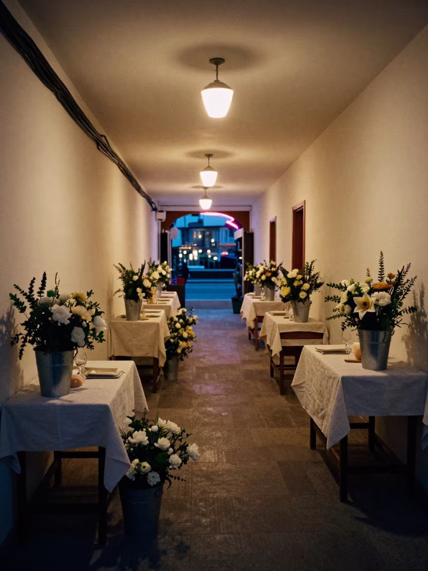 Winter Garden Wedding Corridor Neon Glow in in a quiet guest corridor in Skopje