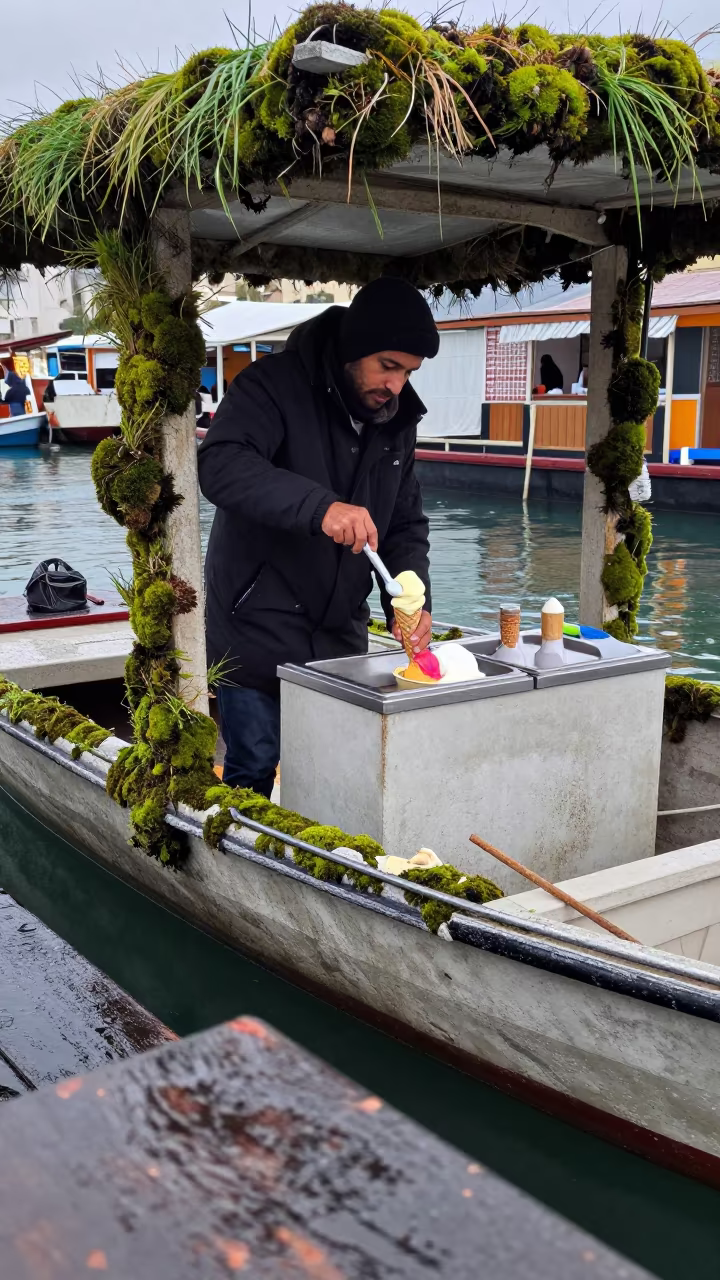 Winter Gelato Vendor on Floating Market Boat in at a floating market boat in Ashdod