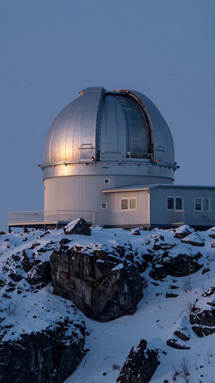 Winter Geology Station Above Glacier Moraine in beside an observatory dome in Canada