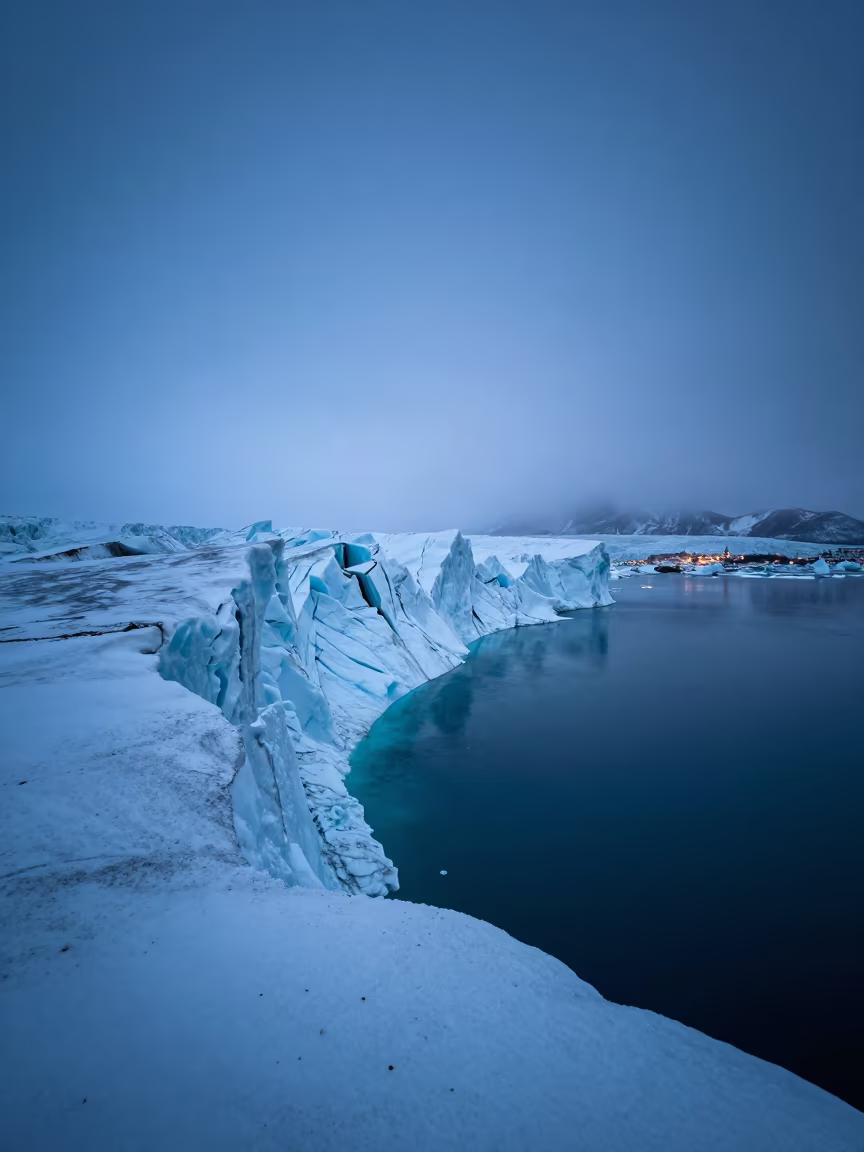 Winter Glacier Calving Blue Hour Lapland Mist in in Lapland