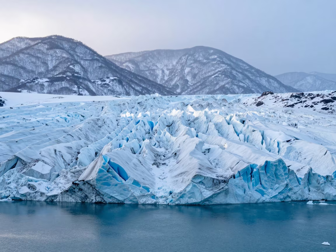 Winter Glacier Calving into Turquoise Water in from a ridge above layered foothills near Sapporo