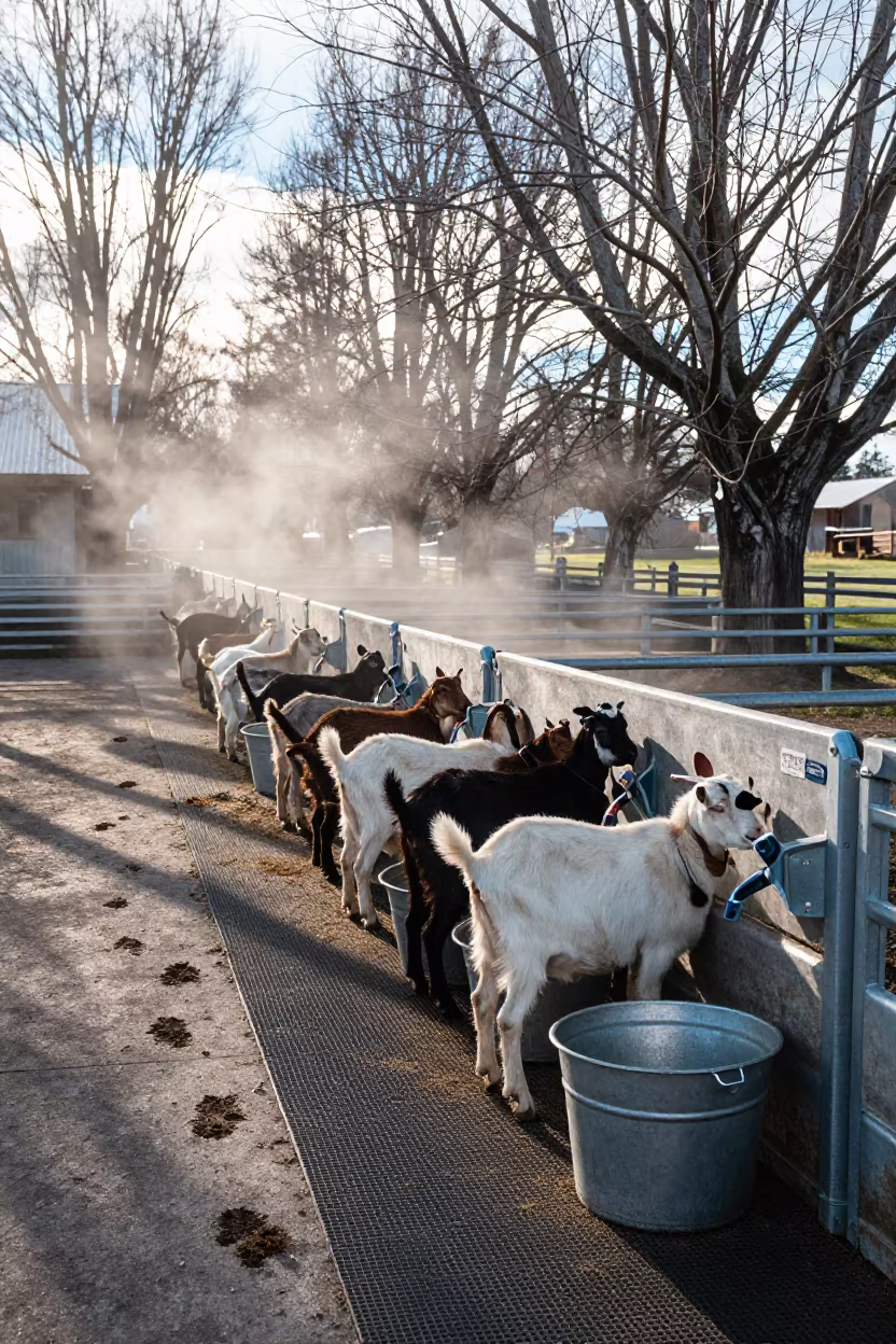 Winter Goat Milking Line Patagonia Sunlight in beside a pasture gate in Patagonia