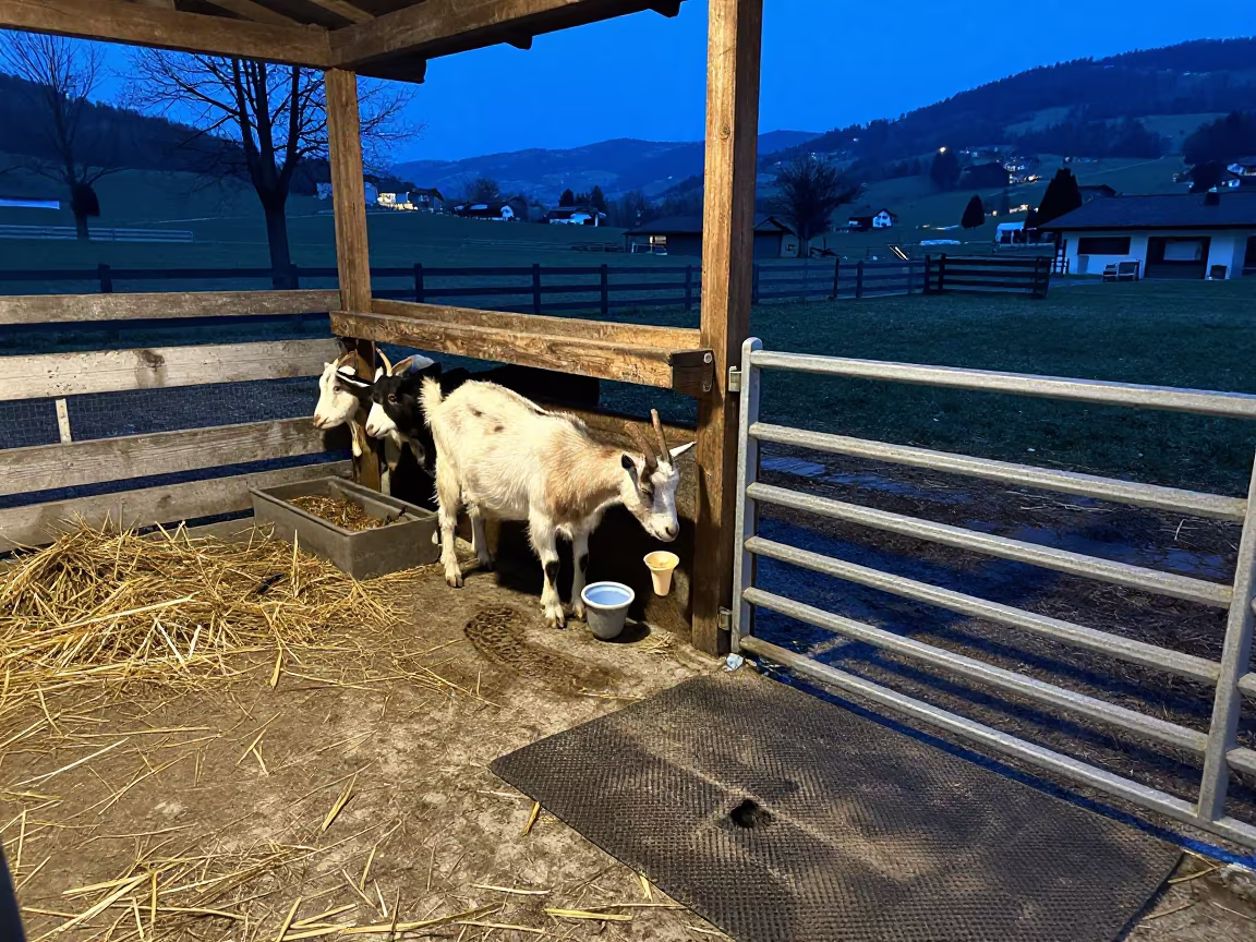 Winter Goat Milking Stand Dusk Switzerland in beside a pasture gate in Switzerland