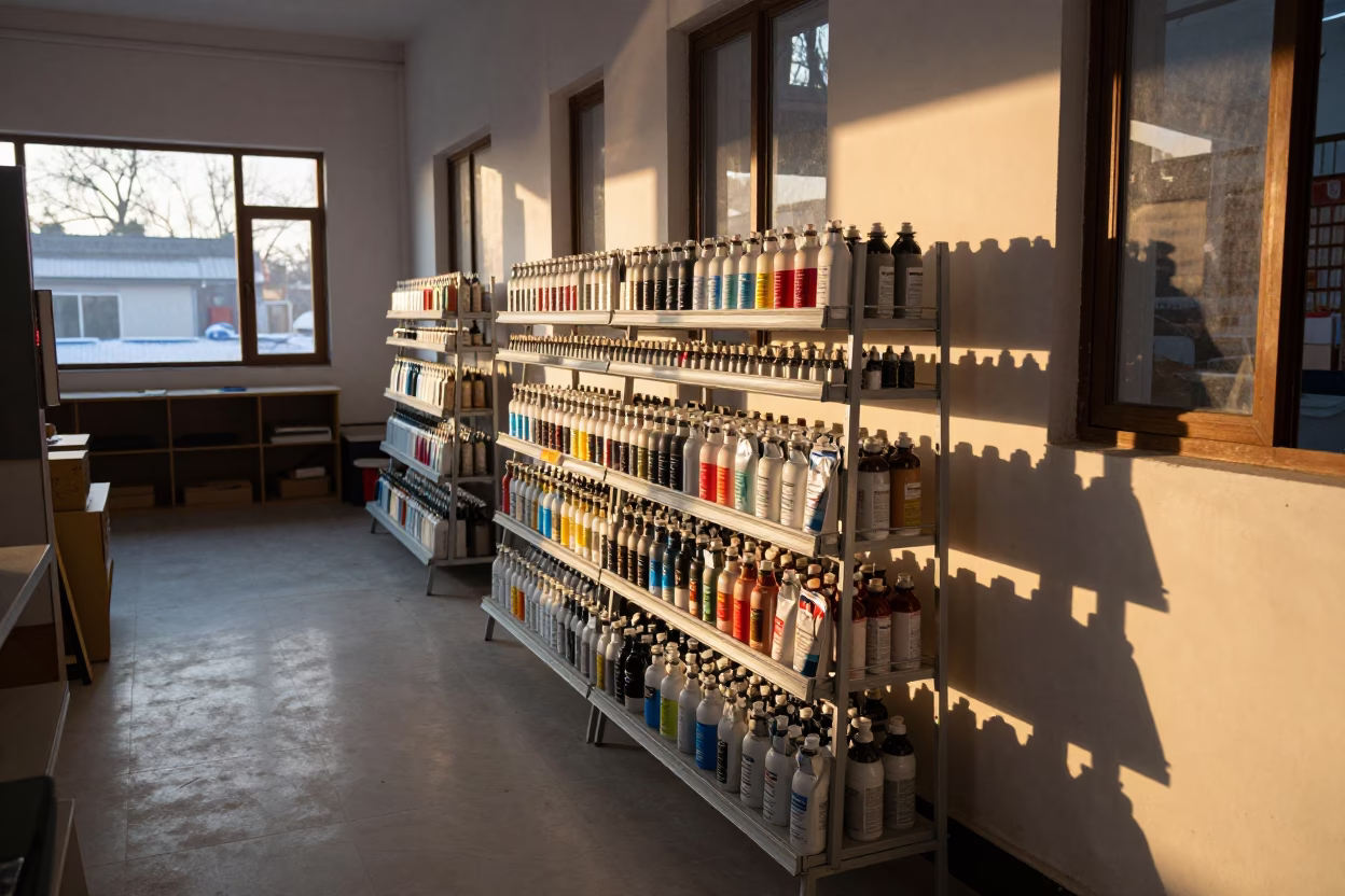 Winter Golden Hour Paint Tint Rack in Muzaffargarh Store in inside a retail floor display area in Muzaffargarh