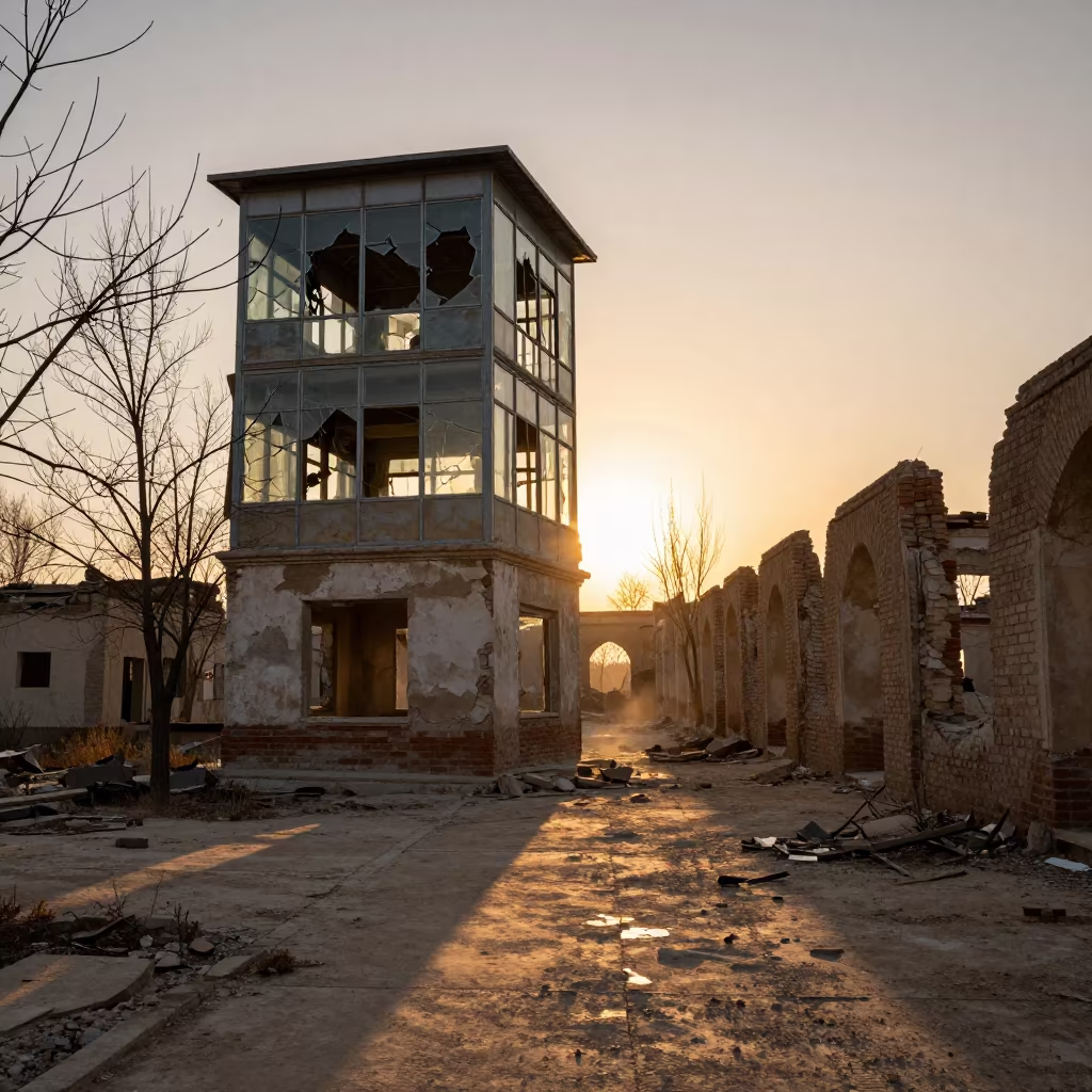 Winter Golden Hour at Syrian Border Tower Ruin in among collapsed cloisters in Syria