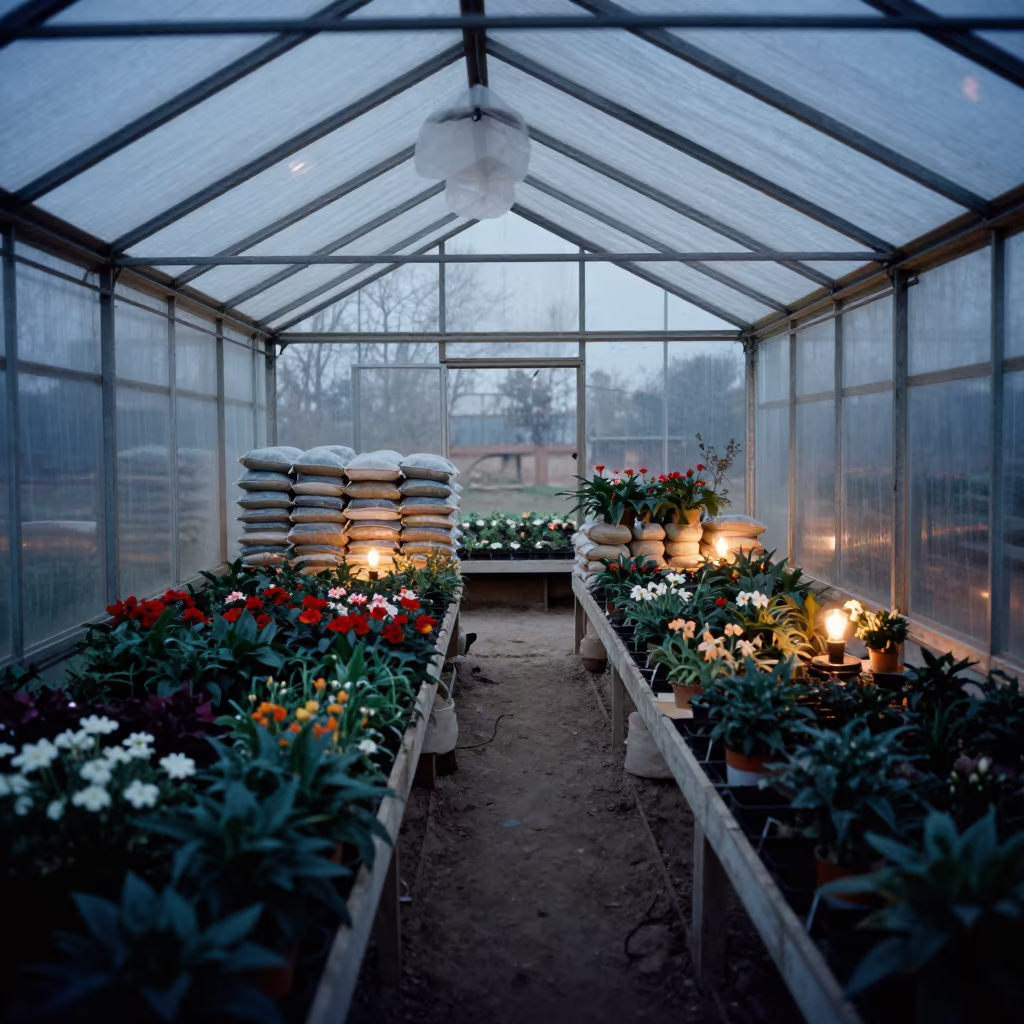 Winter Greenhouse Benches in Ouargla Candlelight in inside a machine shed with seed bags stacked high near Ouargla