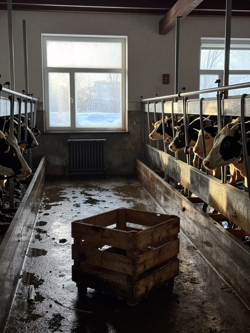 Winter Harvest Crate in Gjirokastër Dairy Parlor in in a dairy milking parlor in Gjirokaster