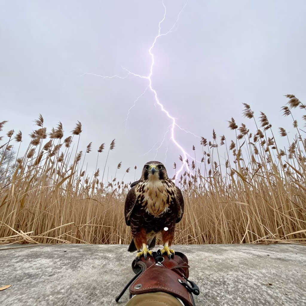 Winter Hawk Release Surreal Storm in at the edge of a reed bed in Portugal