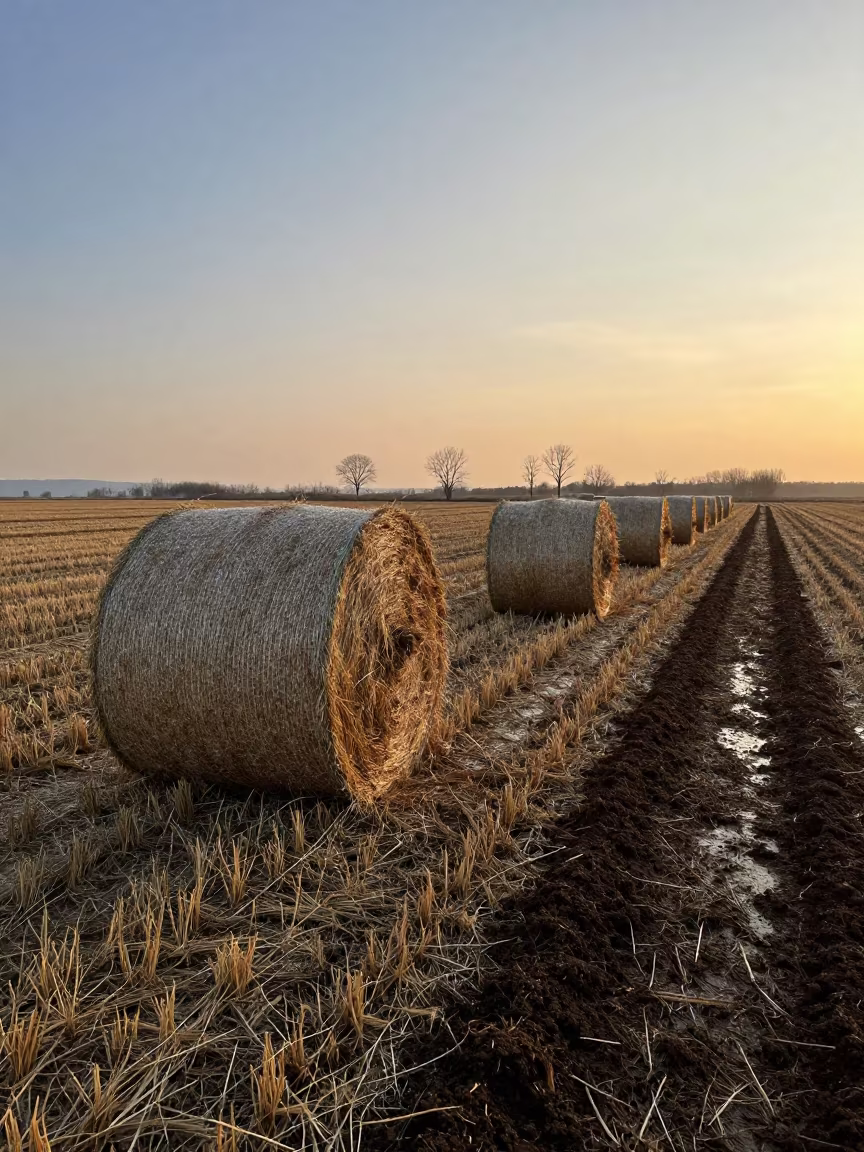 Winter Hay Bales Along Tractor Track Transylvania in beside a tractor track through dark soil in Transylvania
