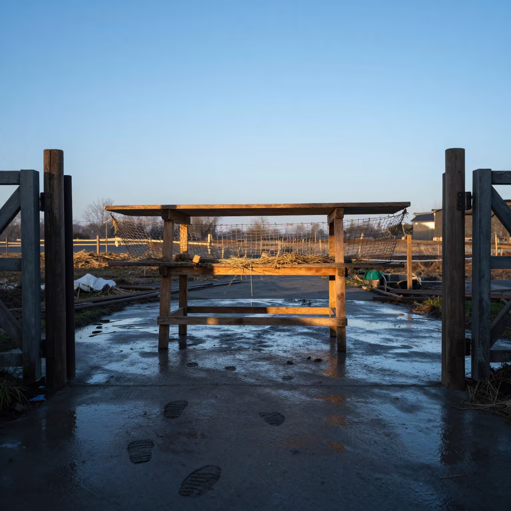 Winter hay net repair at Anhui pasture gate in beside a pasture gate in Anhui