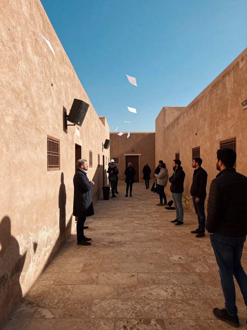 Winter Hearing Overflow in Taourirt Courthouse in in a courthouse corridor in Taourirt