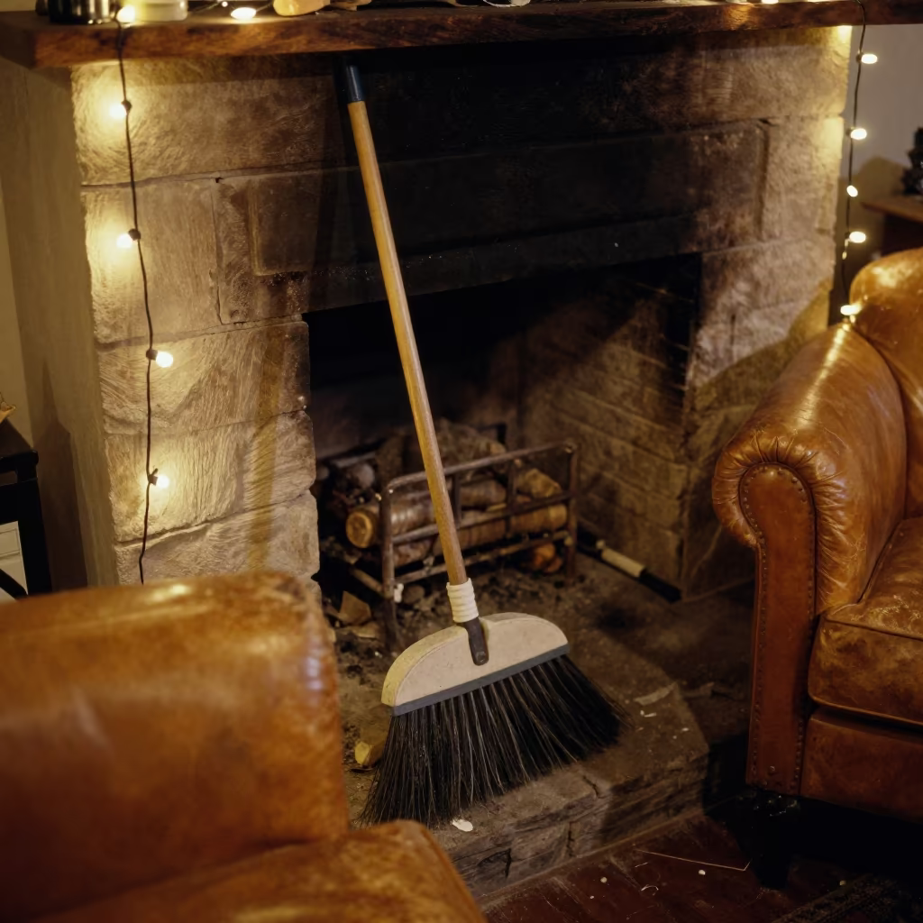 Winter Hearth Broom on Leather Chair in on a worn leather armchair near Bydgoszcz
