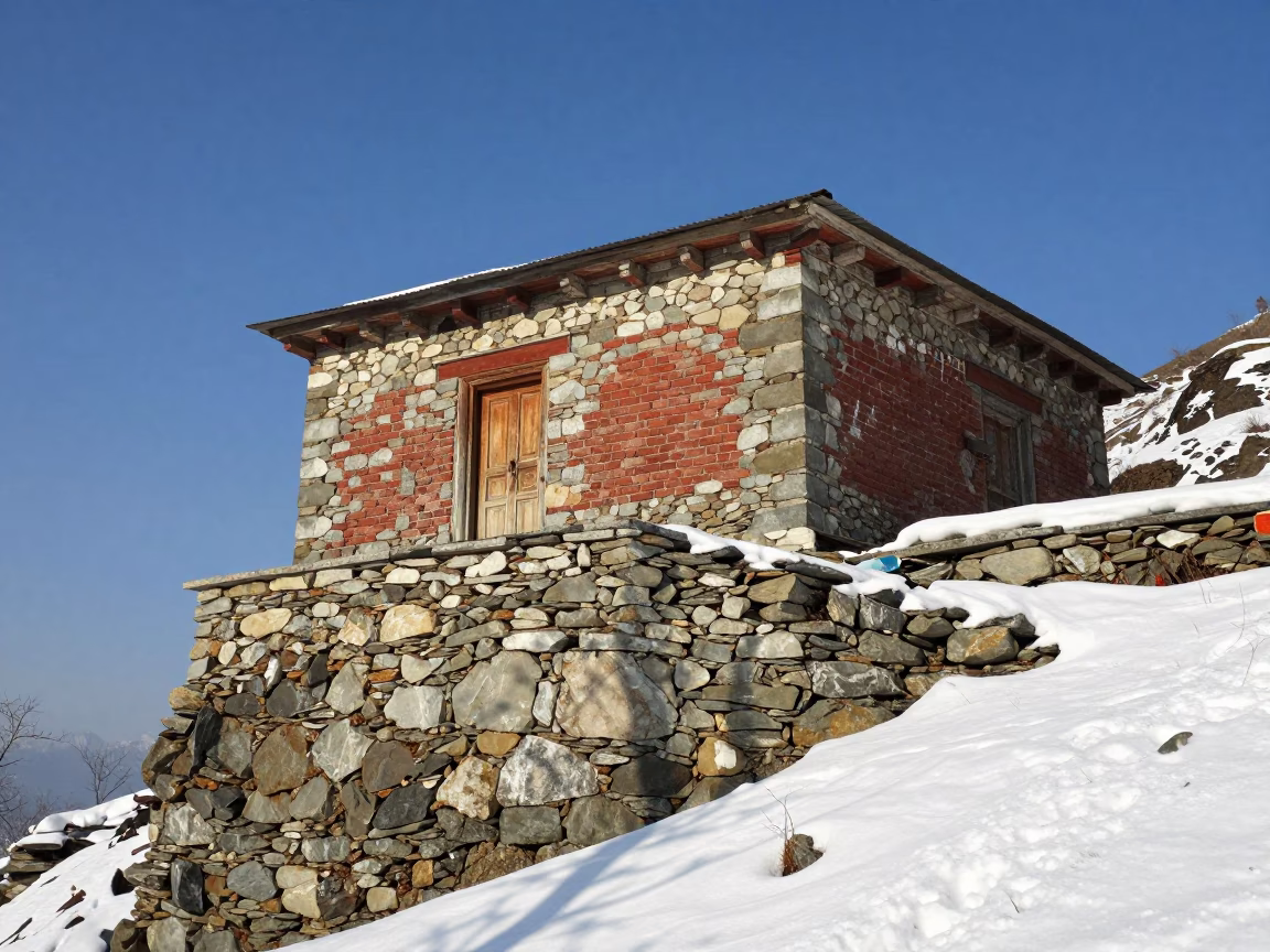 Winter Hermitage on Kashmir Cliff Late Afternoon in in Kashmir